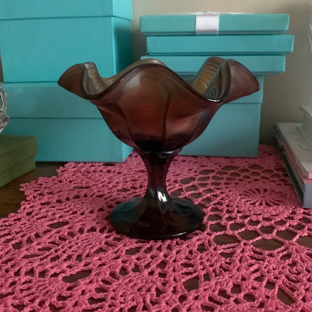 Vintage Antique Carnival Glass Fenton Peacock Tail Compote Bowl - Amethyst